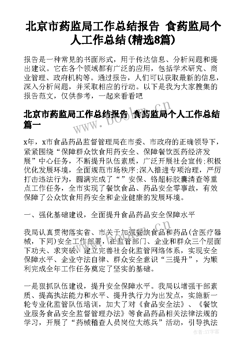 北京市药监局工作总结报告 食药监局个人工作总结(精选8篇)