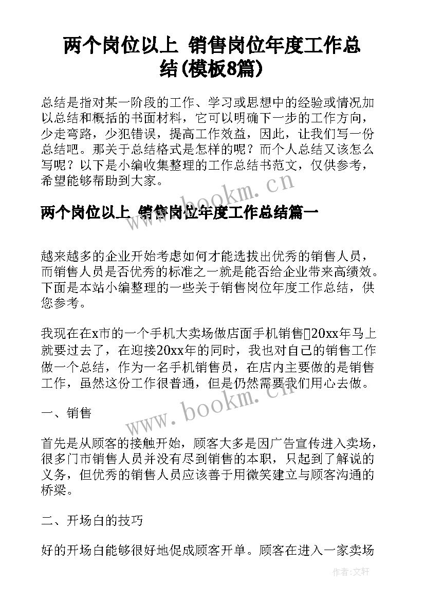 两个岗位以上 销售岗位年度工作总结(模板8篇)