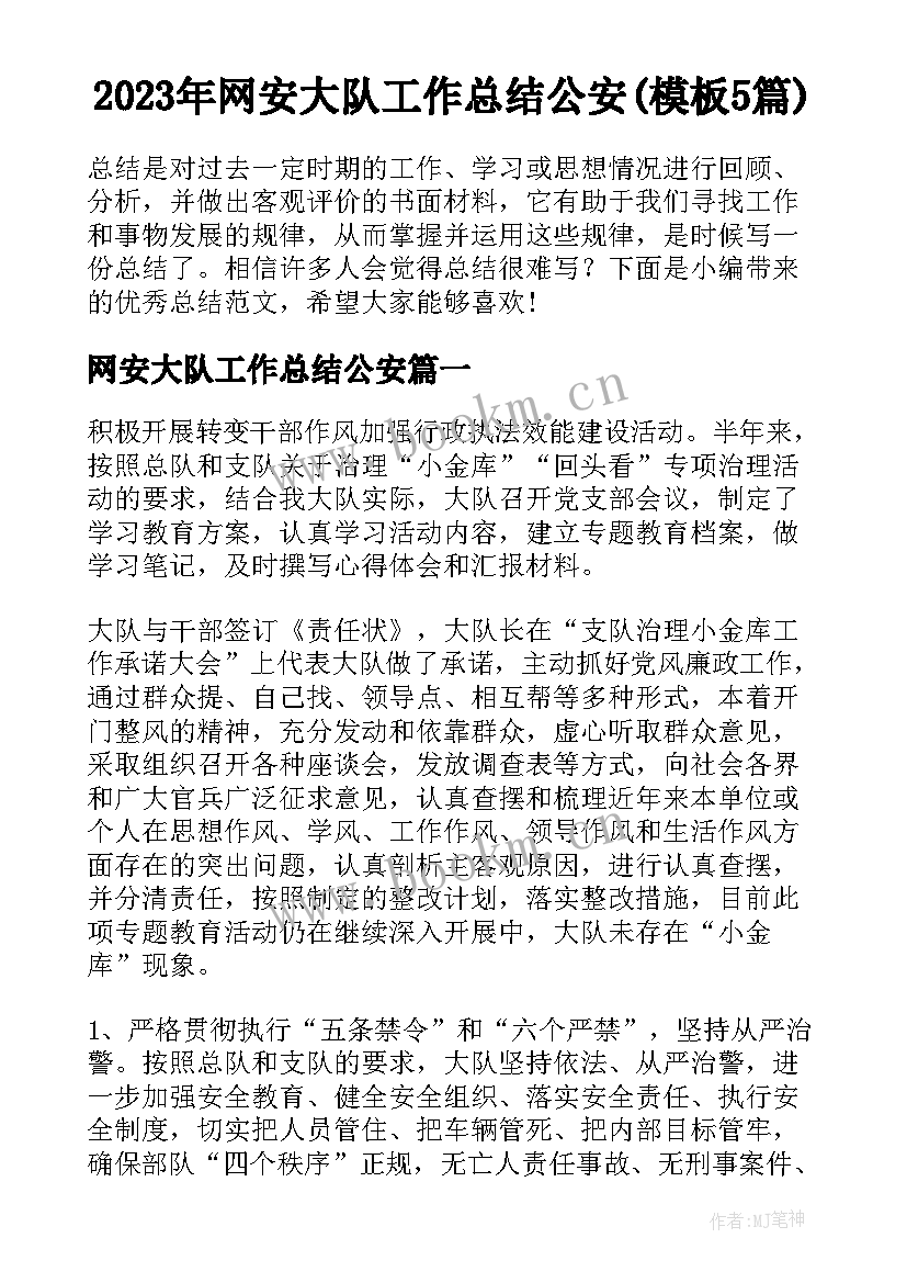 2023年网安大队工作总结公安(模板5篇)