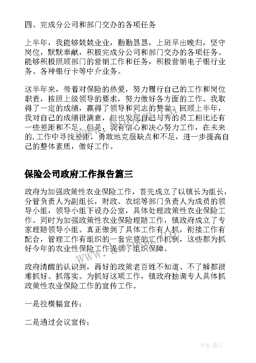 最新保险公司政府工作报告(精选5篇)