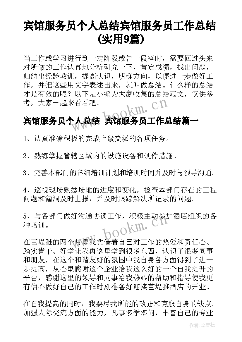 宾馆服务员个人总结 宾馆服务员工作总结(实用9篇)