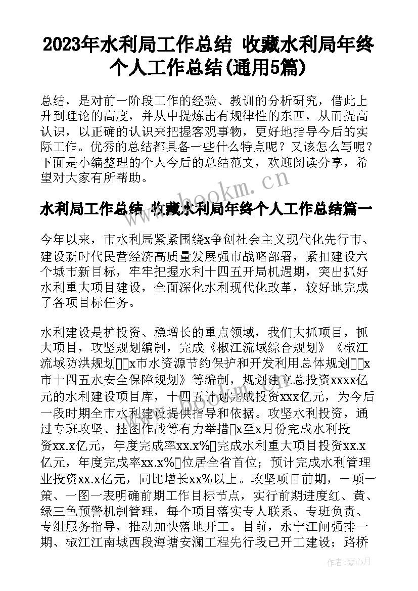 2023年水利局工作总结 收藏水利局年终个人工作总结(通用5篇)