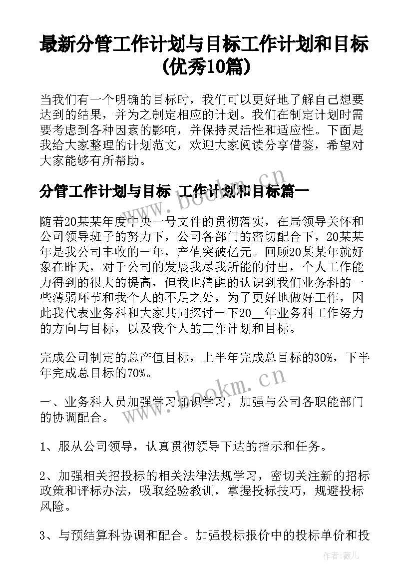 最新分管工作计划与目标 工作计划和目标(优秀10篇)