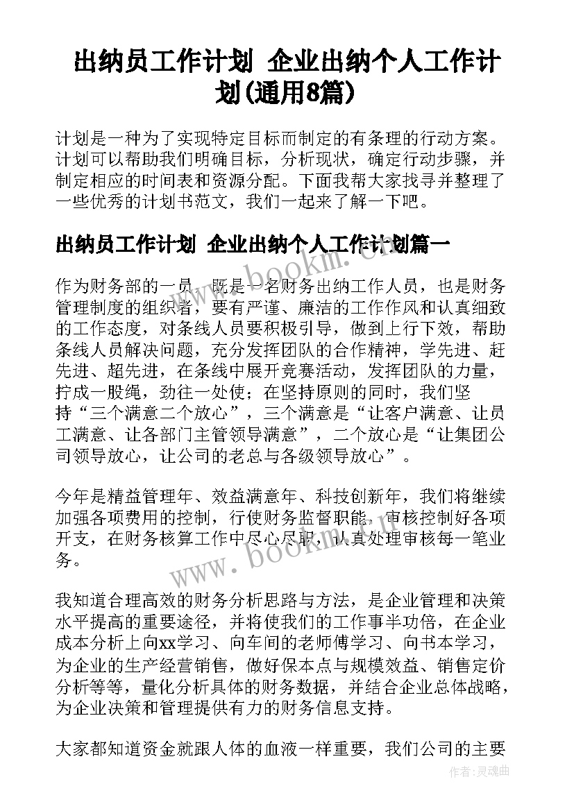 出纳员工作计划 企业出纳个人工作计划(通用8篇)