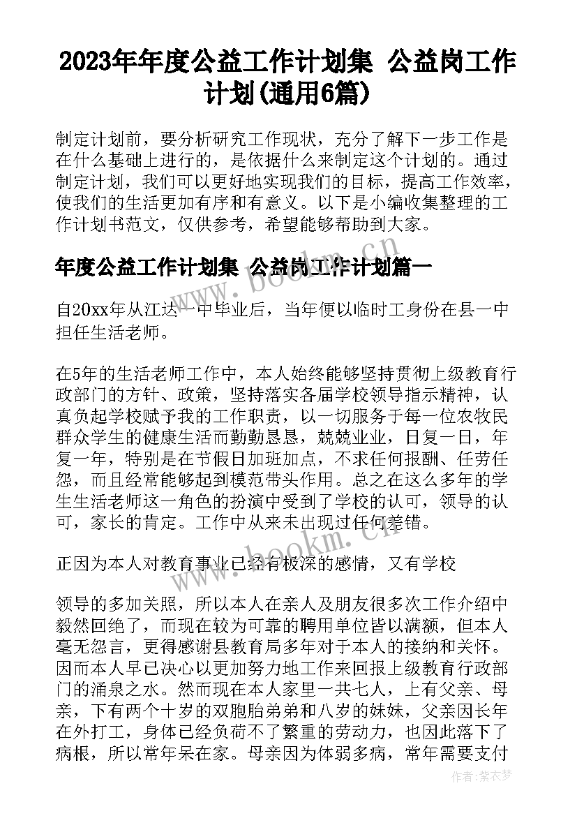 2023年年度公益工作计划集 公益岗工作计划(通用6篇)