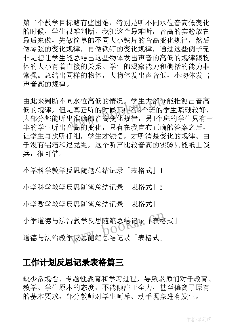 最新工作计划反思记录表格(汇总10篇)