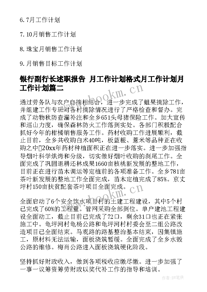 2023年银行副行长述职报告 月工作计划格式月工作计划月工作计划(通用7篇)