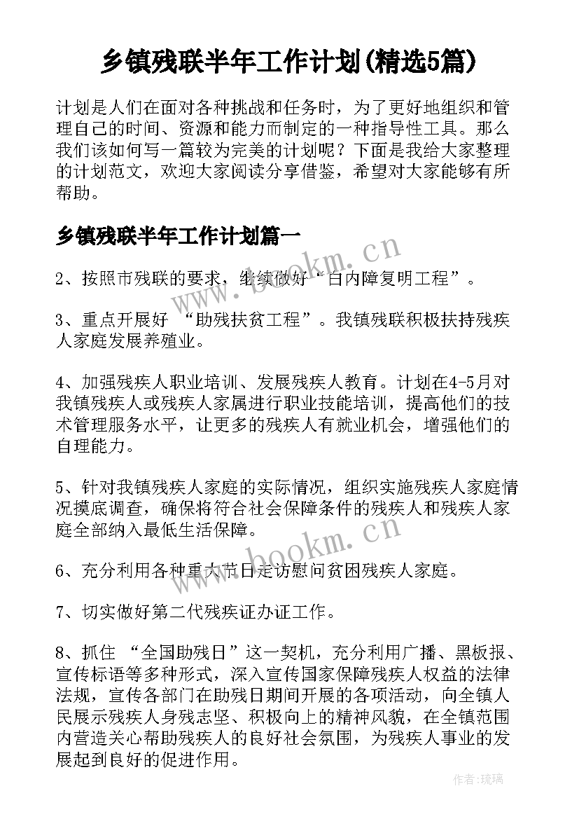 乡镇残联半年工作计划(精选5篇)