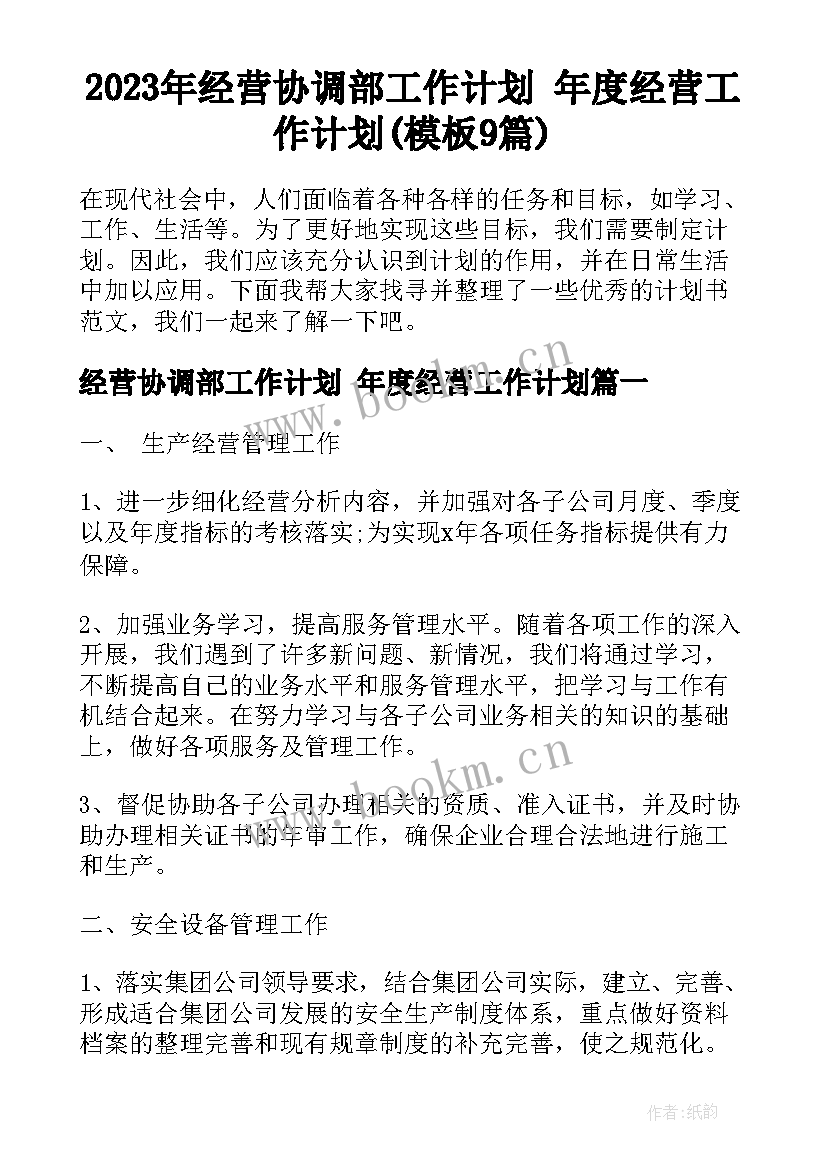 2023年经营协调部工作计划 年度经营工作计划(模板9篇)