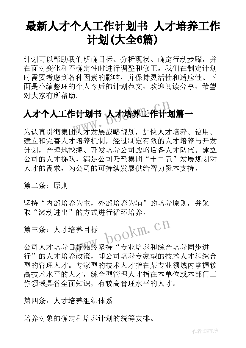 最新人才个人工作计划书 人才培养工作计划(大全6篇)