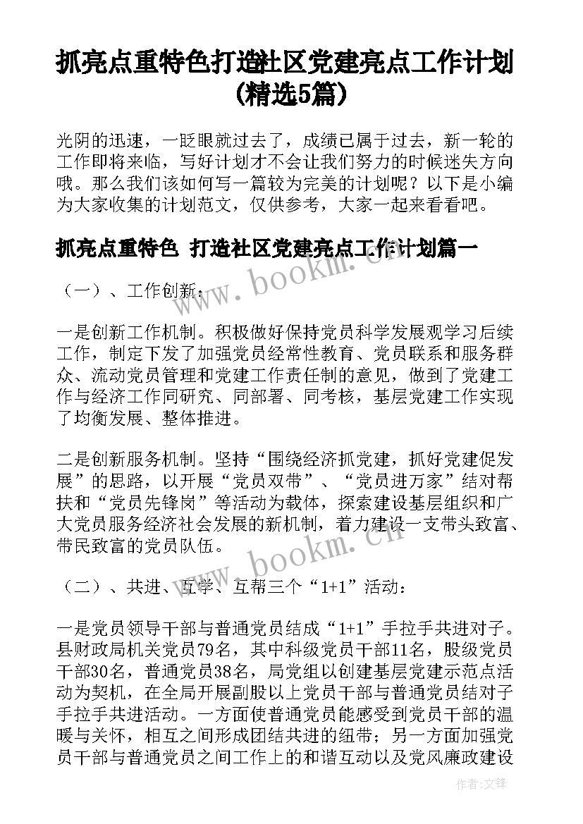 抓亮点重特色 打造社区党建亮点工作计划(精选5篇)