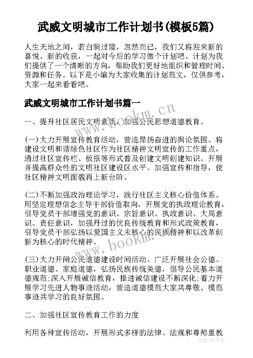 武威文明城市工作计划书(模板5篇)