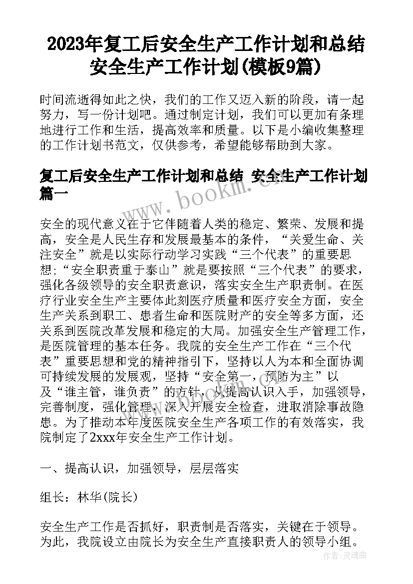 2023年复工后安全生产工作计划和总结 安全生产工作计划(模板9篇)