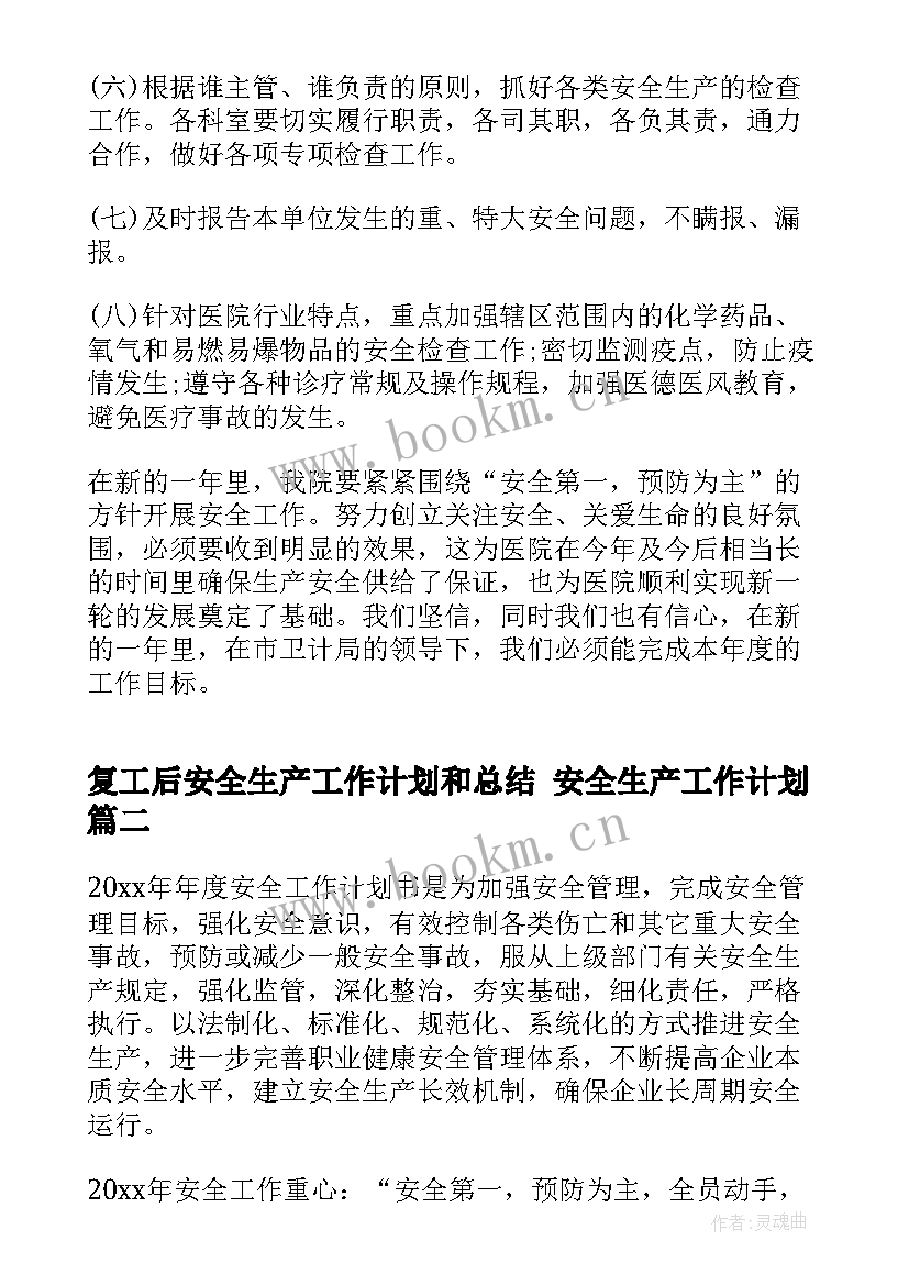 2023年复工后安全生产工作计划和总结 安全生产工作计划(模板9篇)