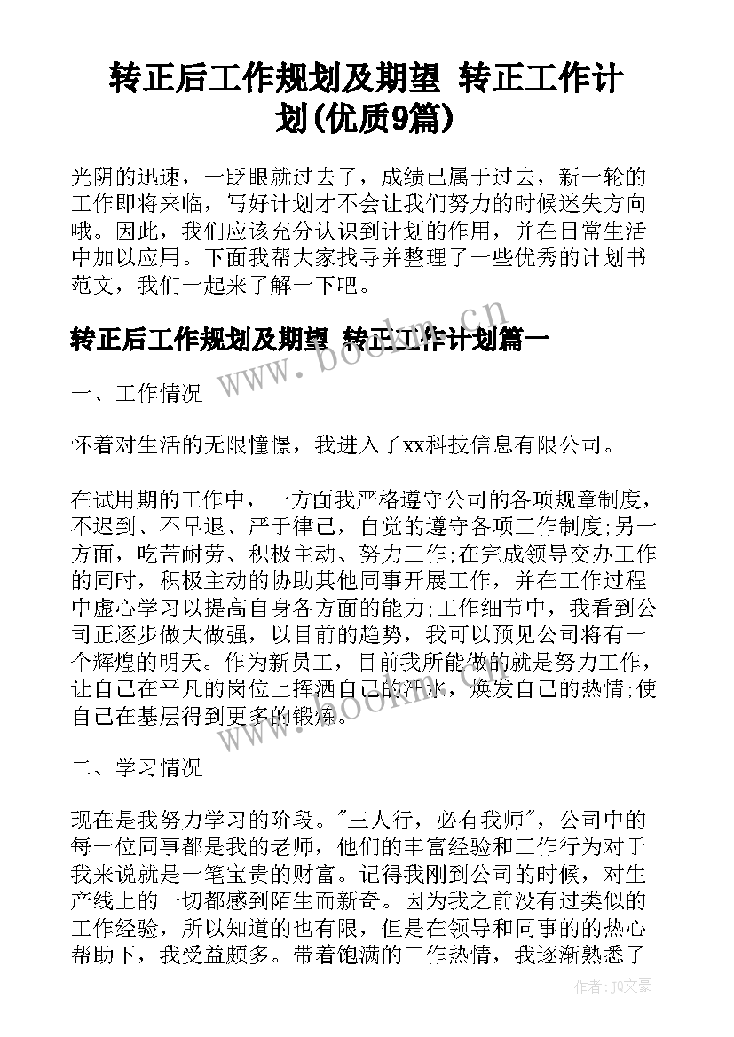 转正后工作规划及期望 转正工作计划(优质9篇)