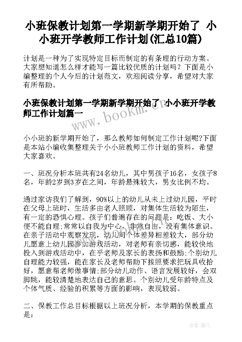 小班保教计划第一学期新学期开始了 小小班开学教师工作计划(汇总10篇)