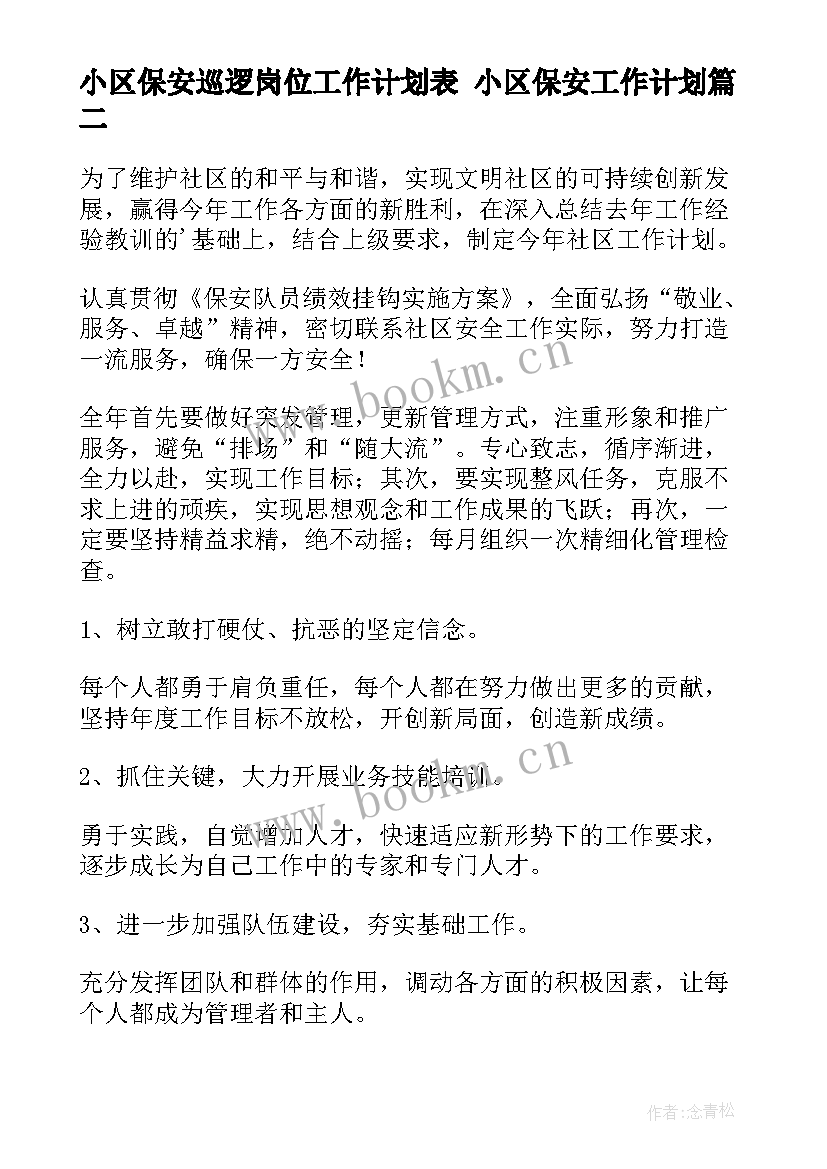 小区保安巡逻岗位工作计划表 小区保安工作计划(模板7篇)