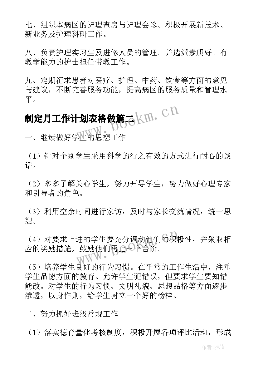 最新制定月工作计划表格做(通用9篇)