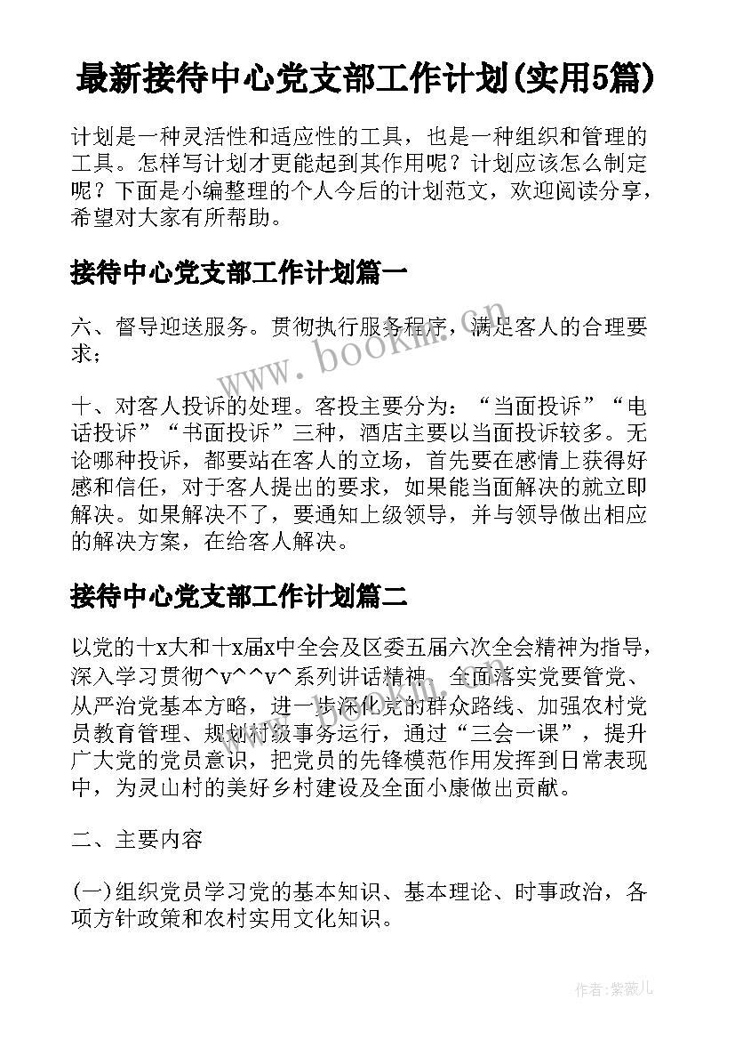 最新接待中心党支部工作计划(实用5篇)