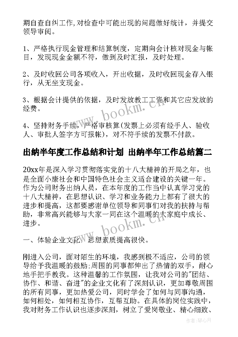 最新出纳半年度工作总结和计划 出纳半年工作总结(模板5篇)