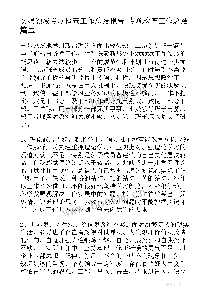 文娱领域专项检查工作总结报告 专项检查工作总结(精选10篇)