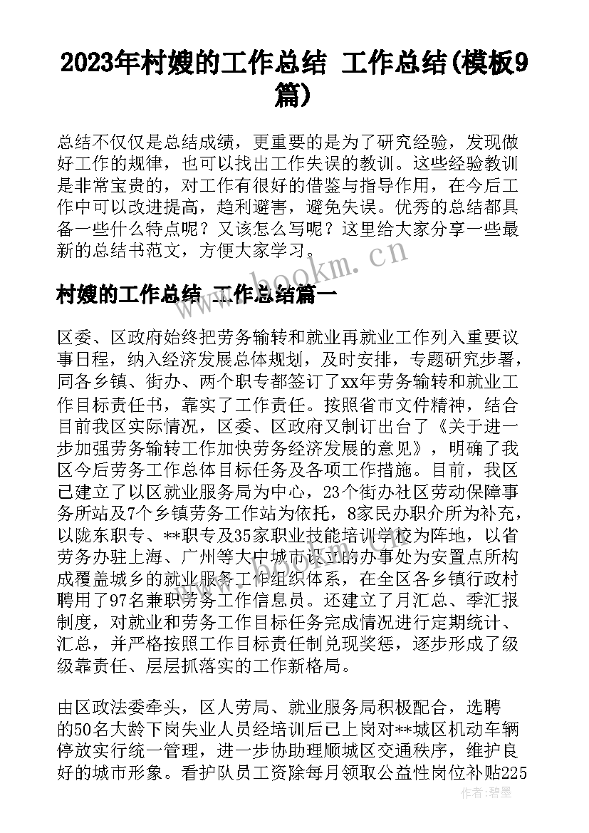 2023年村嫂的工作总结 工作总结(模板9篇)