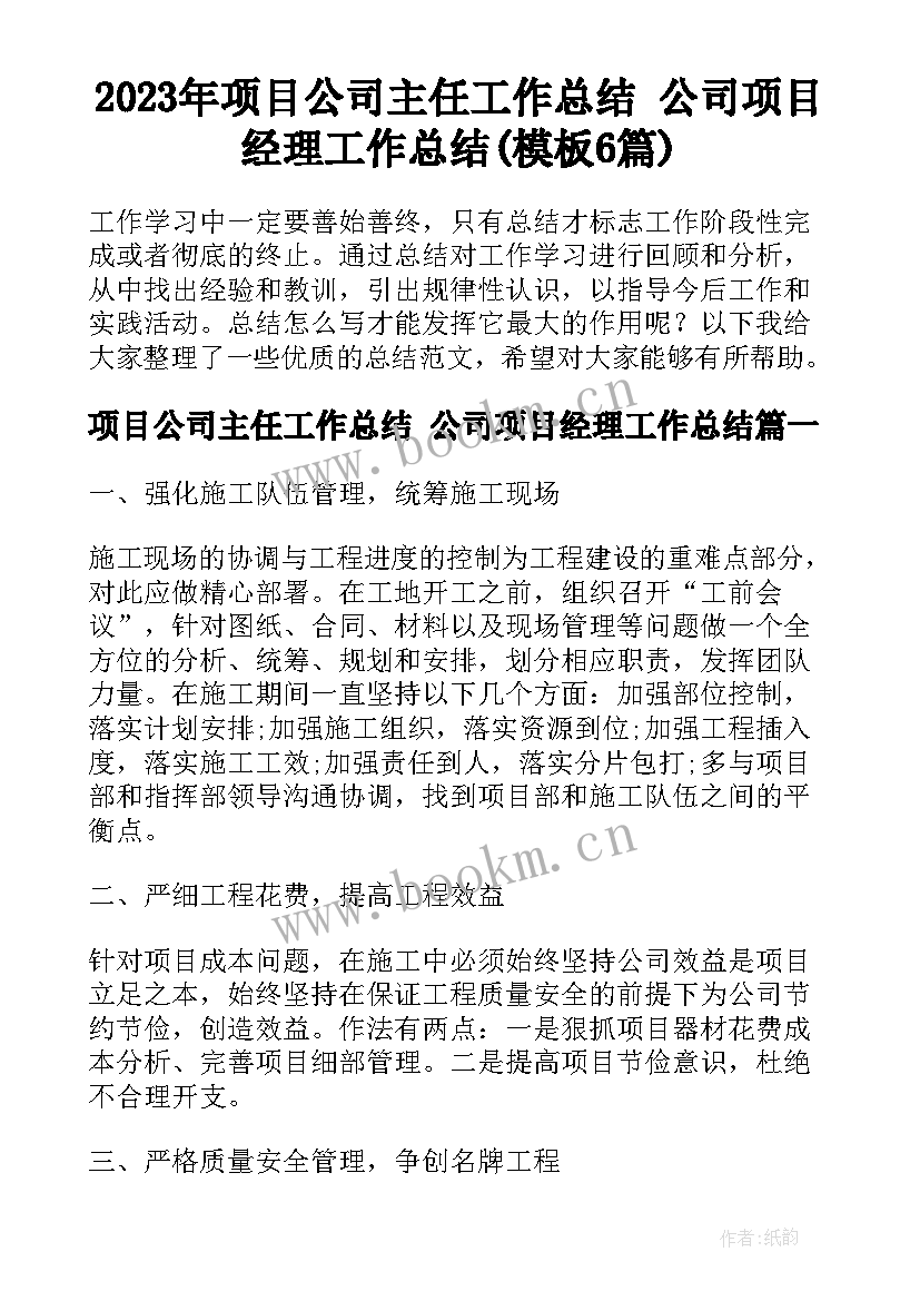 2023年项目公司主任工作总结 公司项目经理工作总结(模板6篇)