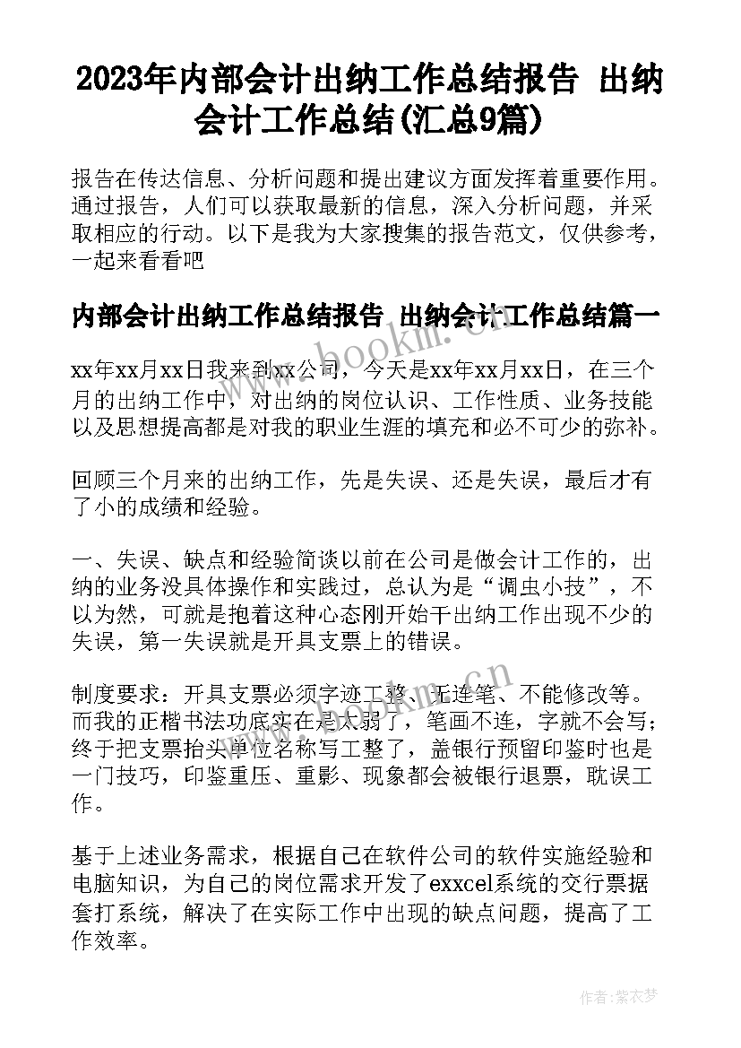 2023年内部会计出纳工作总结报告 出纳会计工作总结(汇总9篇)