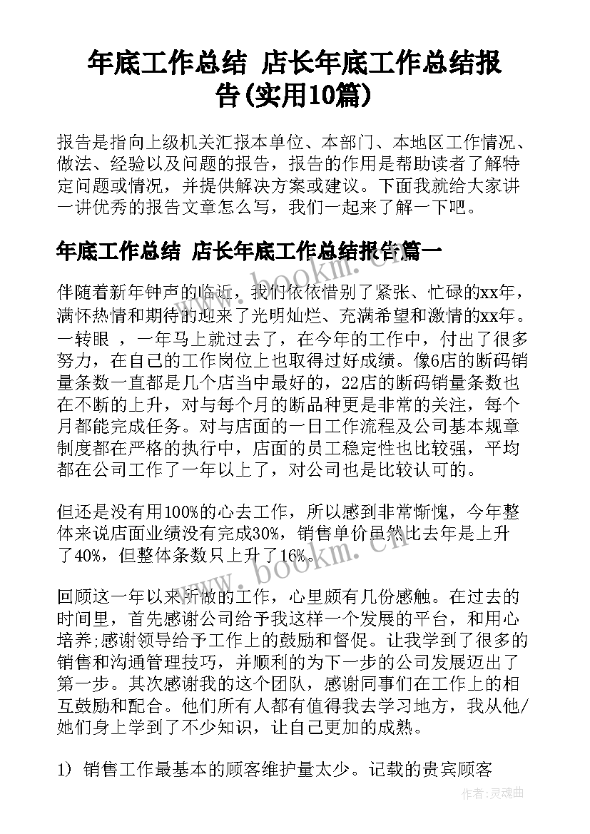 年底工作总结 店长年底工作总结报告(实用10篇)