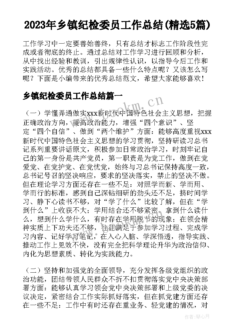 2023年乡镇纪检委员工作总结(精选5篇)