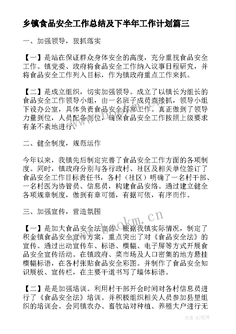 乡镇食品安全工作总结及下半年工作计划(实用7篇)