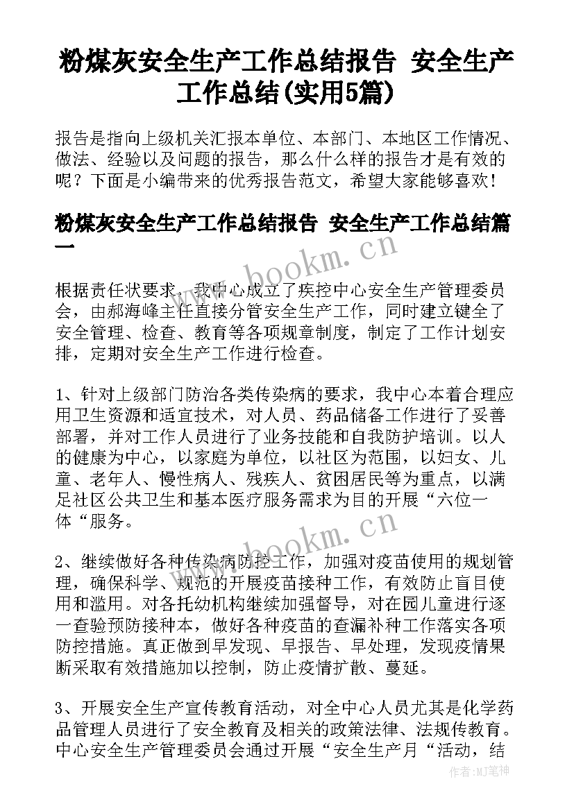 粉煤灰安全生产工作总结报告 安全生产工作总结(实用5篇)