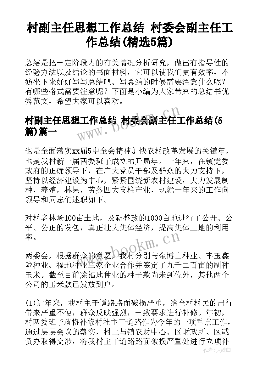 村副主任思想工作总结 村委会副主任工作总结(精选5篇)