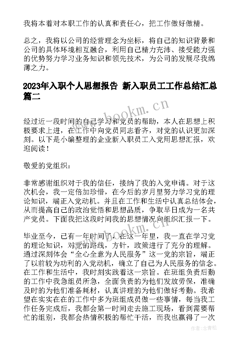 2023年入职个人思想报告 新入职员工工作总结(精选7篇)