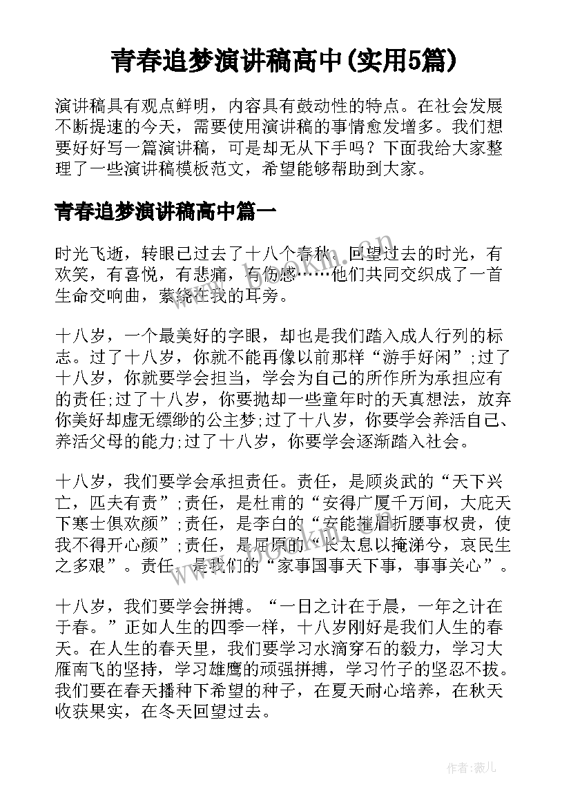 青春追梦演讲稿高中(实用5篇)