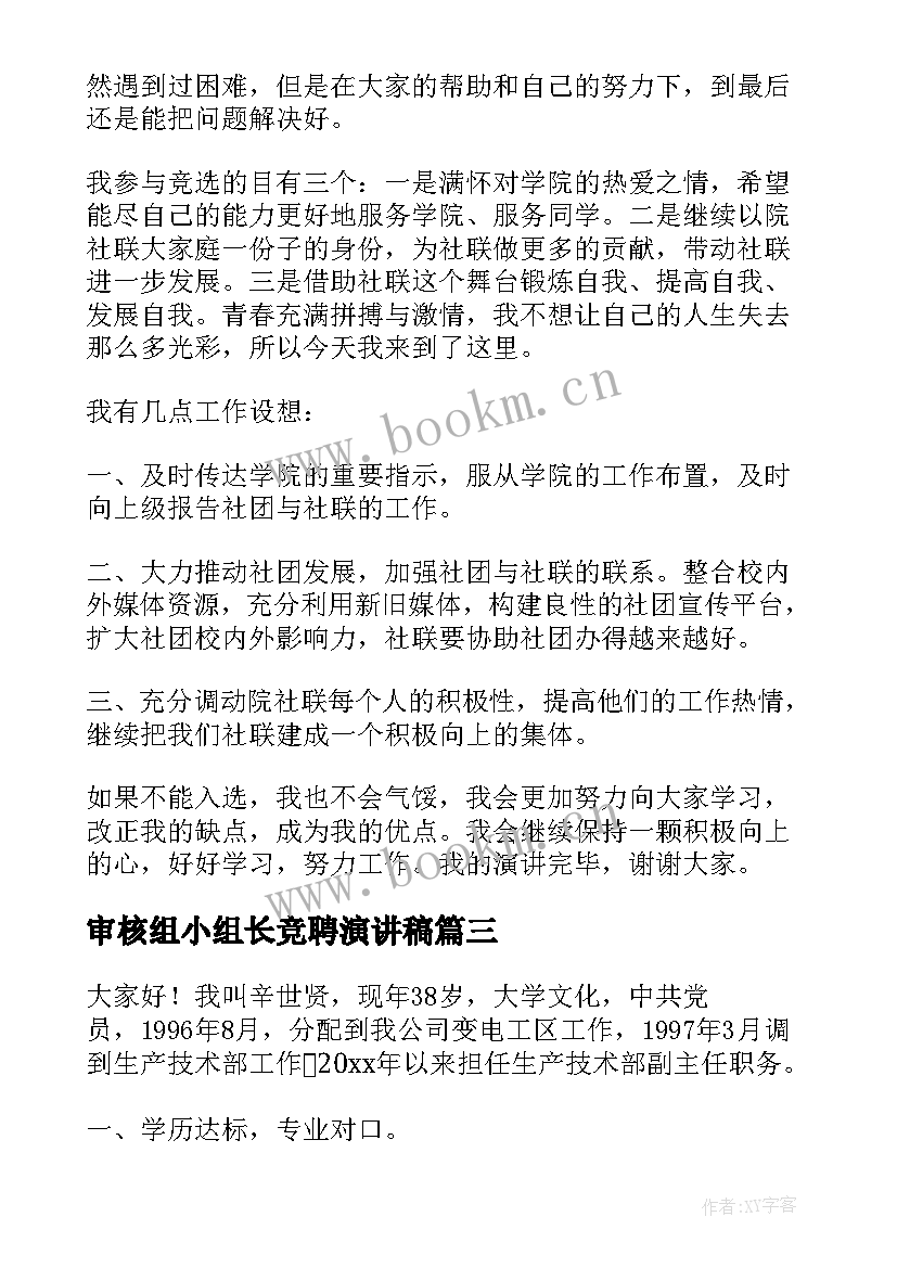 2023年审核组小组长竞聘演讲稿(模板9篇)