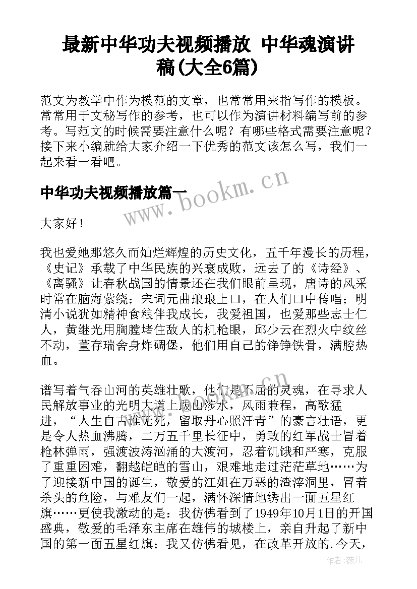 最新中华功夫视频播放 中华魂演讲稿(大全6篇)