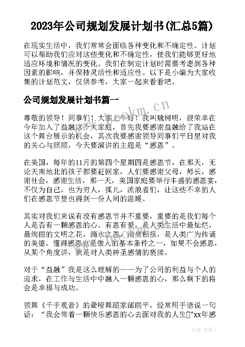 2023年公司规划发展计划书(汇总5篇)