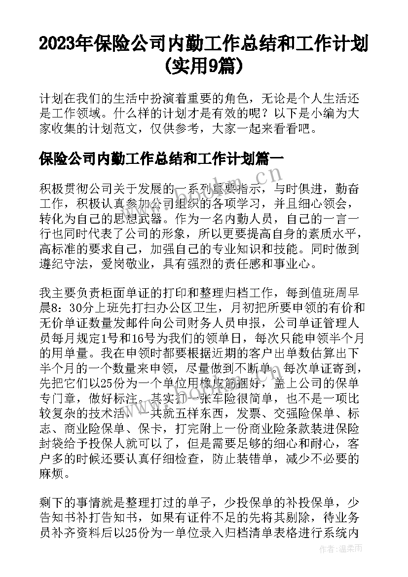 2023年保险公司内勤工作总结和工作计划(实用9篇)