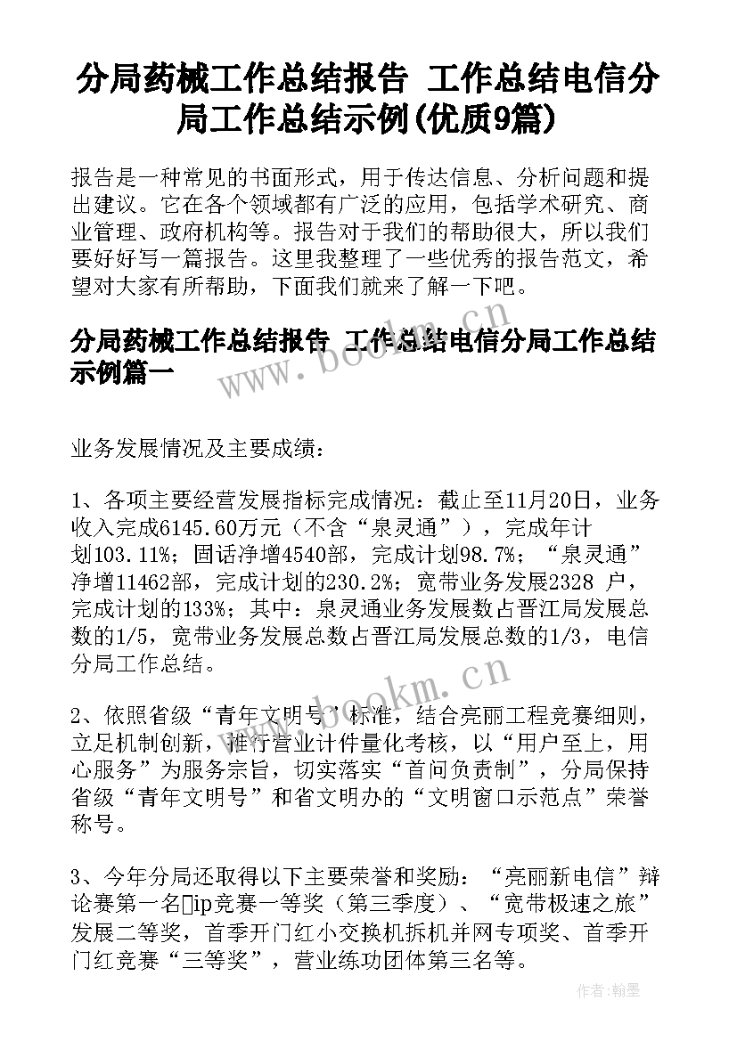 分局药械工作总结报告 工作总结电信分局工作总结示例(优质9篇)