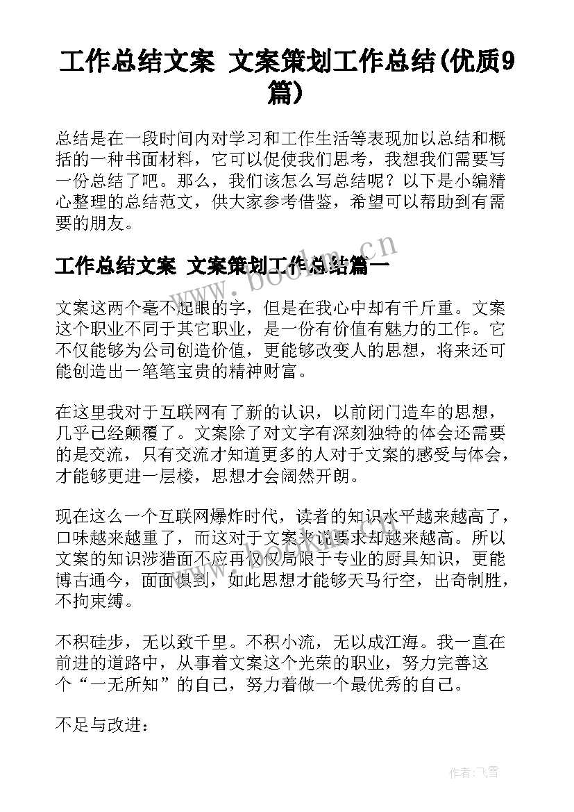 工作总结文案 文案策划工作总结(优质9篇)