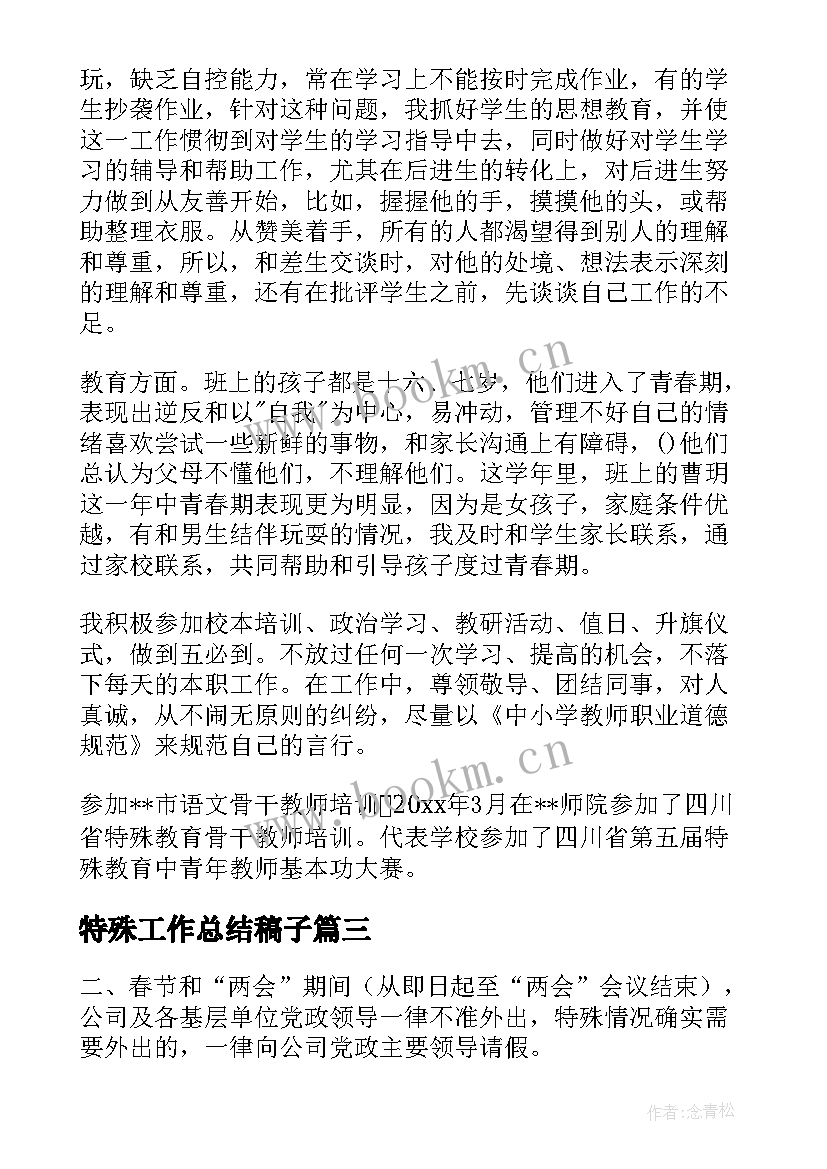 最新特殊工作总结稿子(优秀6篇)