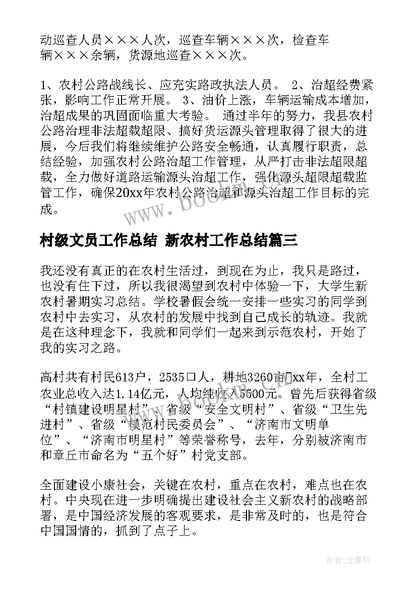 2023年村级文员工作总结 新农村工作总结(精选8篇)