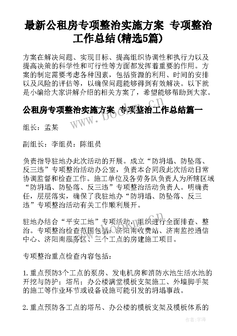 最新公租房专项整治实施方案 专项整治工作总结(精选5篇)