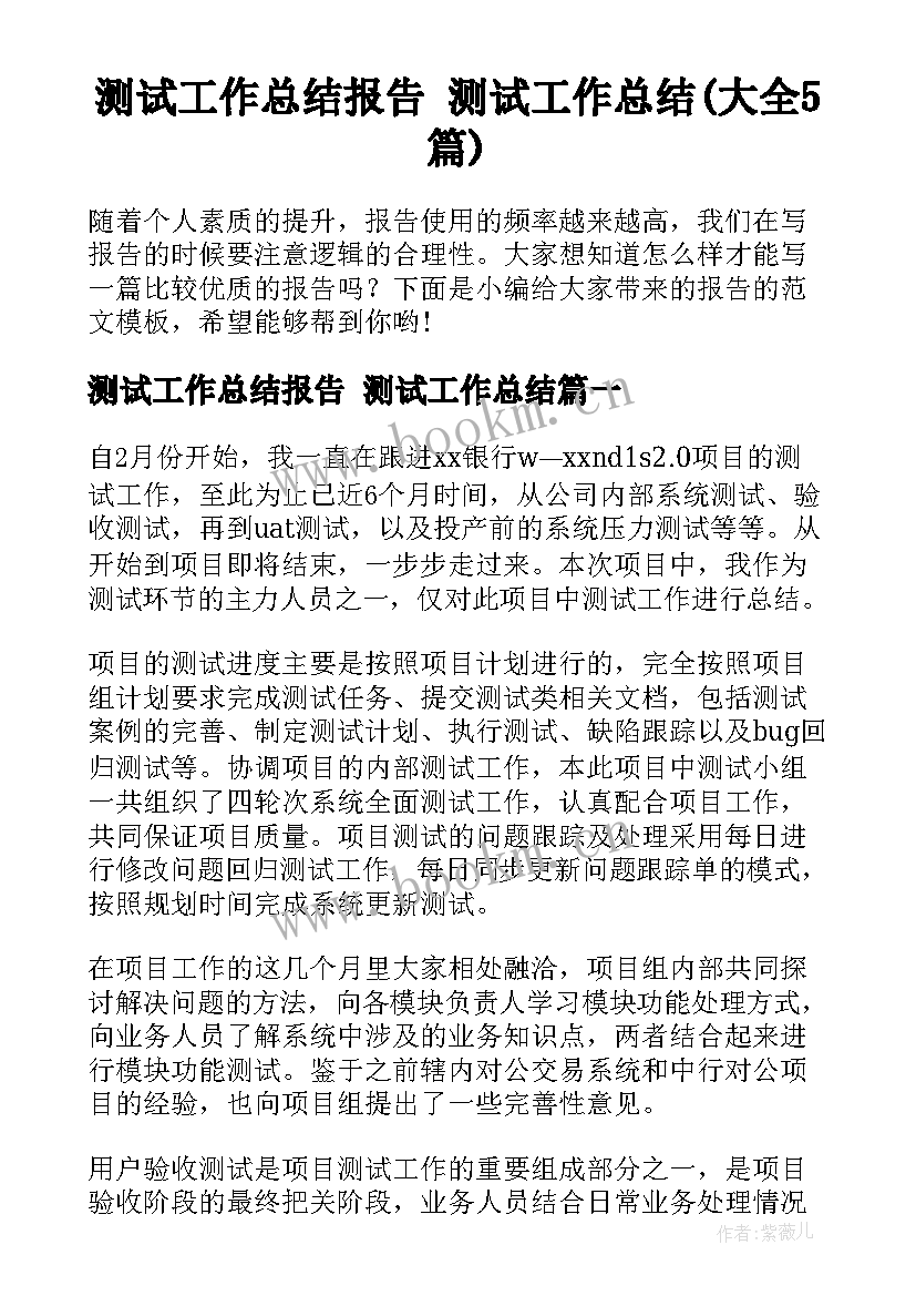 测试工作总结报告 测试工作总结(大全5篇)