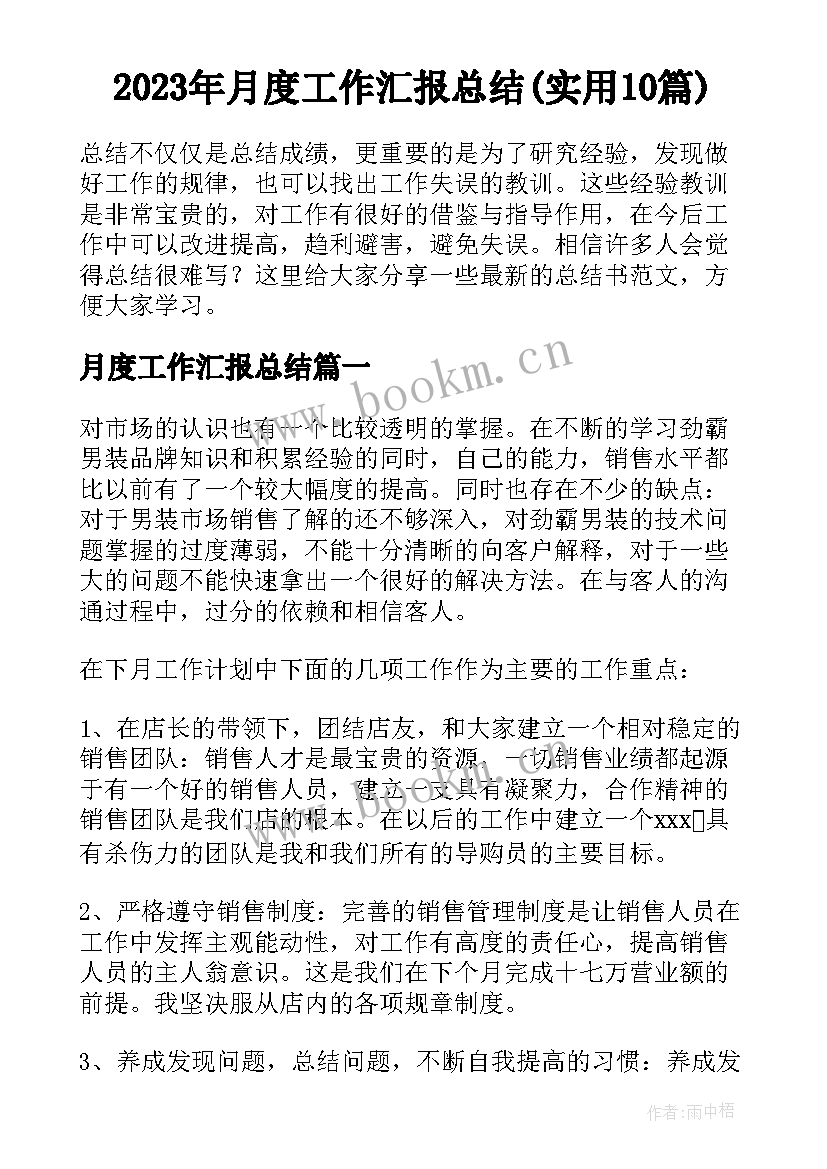 2023年月度工作汇报总结(实用10篇)