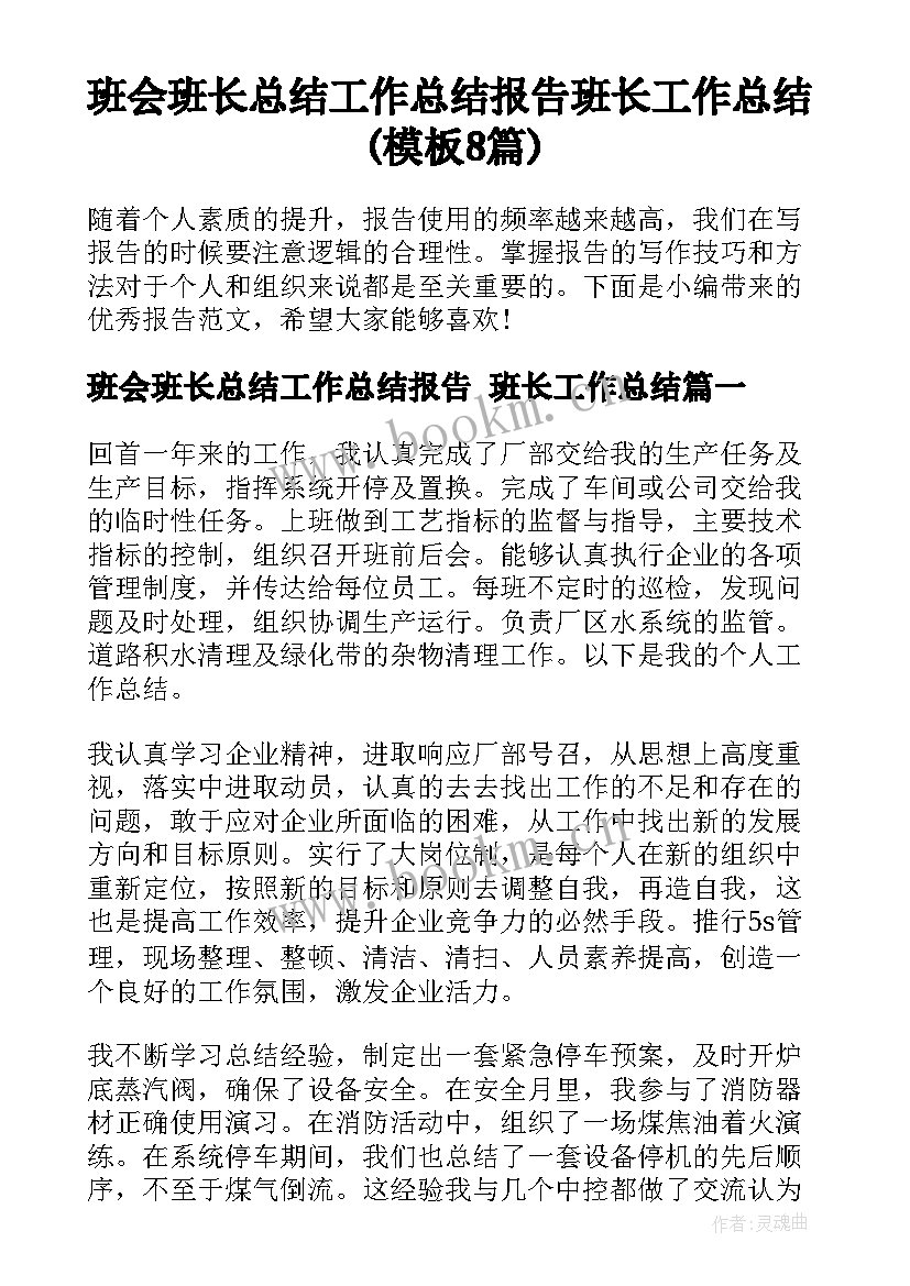 班会班长总结工作总结报告 班长工作总结(模板8篇)