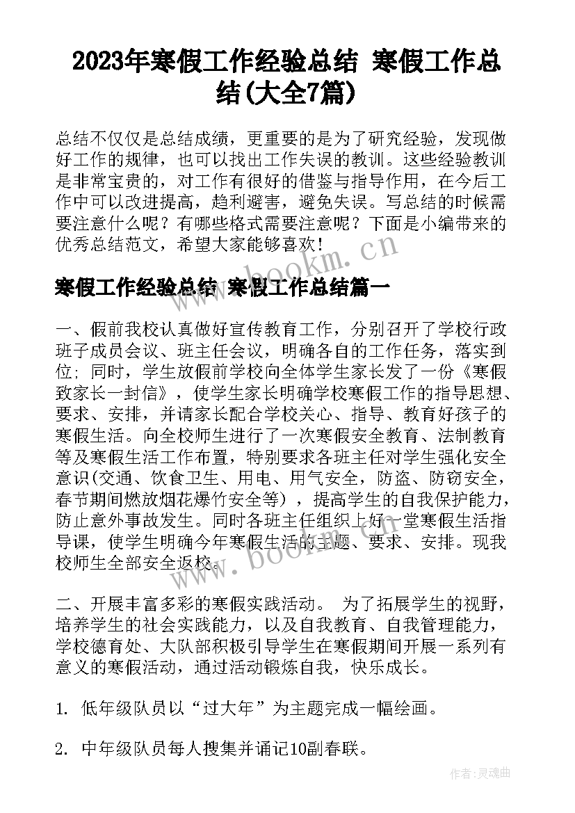 2023年寒假工作经验总结 寒假工作总结(大全7篇)