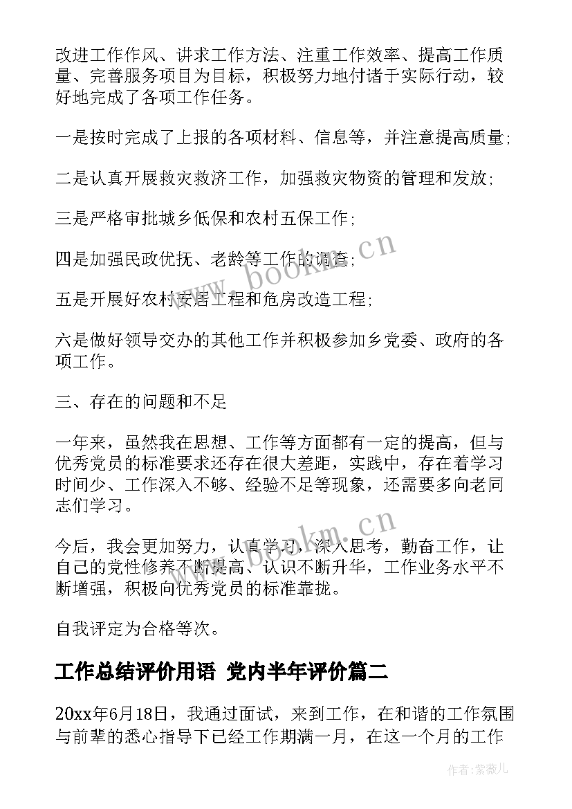 2023年工作总结评价用语 党内半年评价(大全10篇)