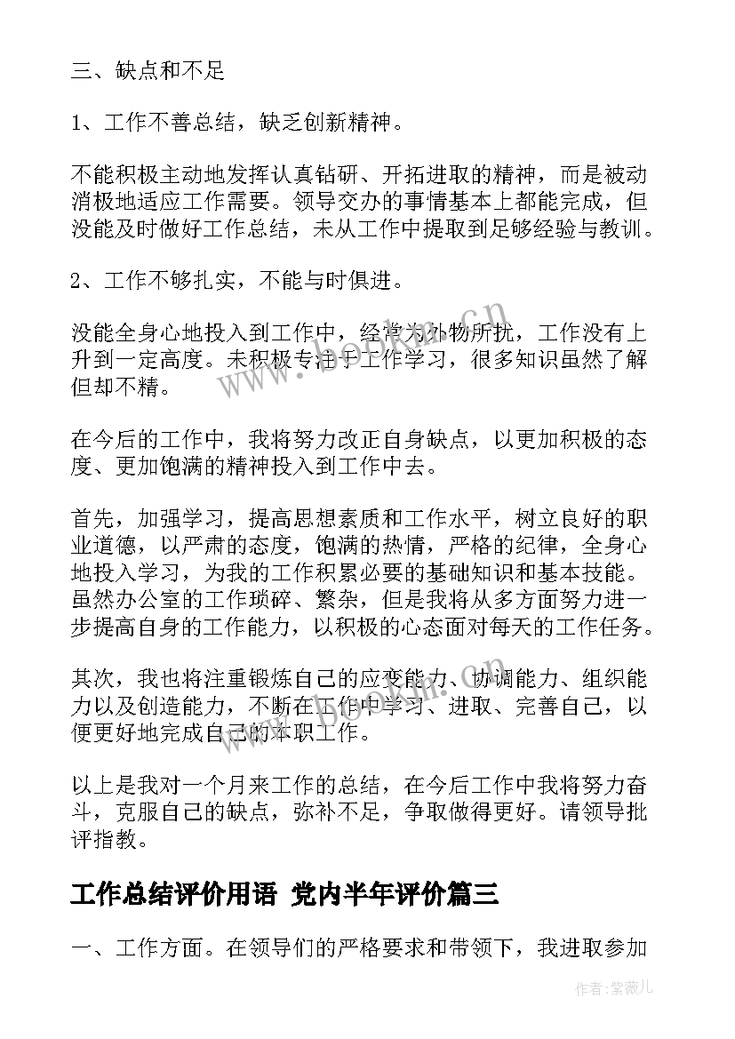 2023年工作总结评价用语 党内半年评价(大全10篇)